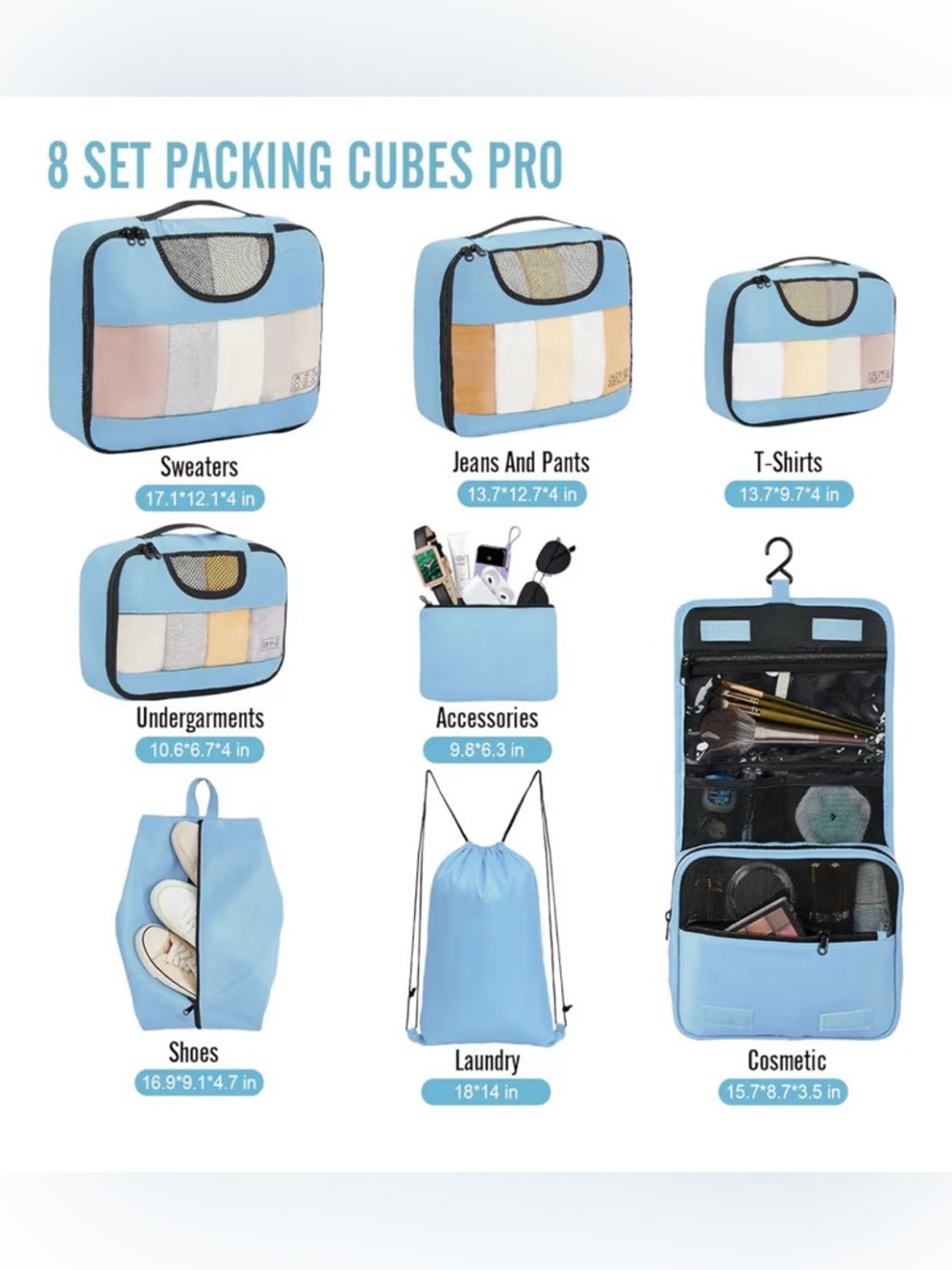 8 Set Packing Cubes for Travel Essentials - Blue - Picture 3 of 7
